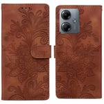 For Motorola Moto G14 Lace Floral Embossed Magnetic Buckle PU Phone Case With Wrist Strap(Brown)