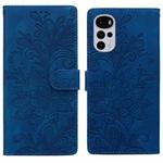 For Motorola Moto G22 Lace Floral Embossed Magnetic Buckle PU Phone Case With Wrist Strap(Blue)