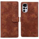 For Motorola Moto G22 Lace Floral Embossed Magnetic Buckle PU Phone Case With Wrist Strap(Brown)