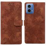 For Motorola Moto G24 Lace Floral Embossed Magnetic Buckle PU Phone Case With Wrist Strap(Brown)