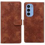 For Motorola Moto G31 Lace Floral Embossed Magnetic Buckle PU Phone Case With Wrist Strap(Brown)