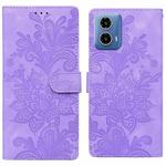 For Motorola Moto G34 Lace Floral Embossed Magnetic Buckle PU Phone Case With Wrist Strap(Purple)