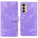 For Motorola Moto G42 Lace Floral Embossed Magnetic Buckle PU Phone Case With Wrist Strap(Purple)