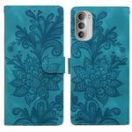 For Motorola Moto G51 5G Lace Floral Embossed Magnetic Buckle PU Phone Case With Wrist Strap(Green)