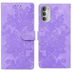 For Motorola Moto G51 5G Lace Floral Embossed Magnetic Buckle PU Phone Case With Wrist Strap(Purple)