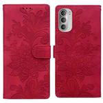 For Motorola Moto G51 5G Lace Floral Embossed Magnetic Buckle PU Phone Case With Wrist Strap(Red)