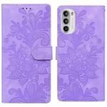 For Motorola Moto G52 4G / G82 Lace Floral Embossed Magnetic Buckle PU Phone Case With Wrist Strap(Purple)