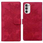 For Motorola Moto G52 4G / G82 Lace Floral Embossed Magnetic Buckle PU Phone Case With Wrist Strap(Red)