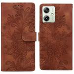 For Motorola Moto G54 / G64 Lace Floral Embossed Magnetic Buckle PU Phone Case With Wrist Strap(Brown)