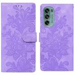 For Motorola Moto G62 5G Lace Floral Embossed Magnetic Buckle PU Phone Case With Wrist Strap(Purple)