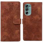 For Motorola Moto G62 5G Lace Floral Embossed Magnetic Buckle PU Phone Case With Wrist Strap(Brown)