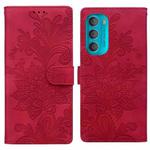 For Motorola Moto G71 5G Lace Floral Embossed Magnetic Buckle PU Phone Case With Wrist Strap(Red)