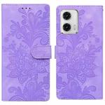 For Motorola Moto G73 Lace Floral Embossed Magnetic Buckle PU Phone Case With Wrist Strap(Purple)