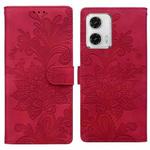 For Motorola Moto G73 Lace Floral Embossed Magnetic Buckle PU Phone Case With Wrist Strap(Red)