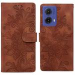 For Motorola Moto G85 Lace Floral Embossed Magnetic Buckle PU Phone Case With Wrist Strap(Brown)