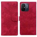 For Redmi 11A / 12C Lace Floral Embossed Magnetic Buckle PU Phone Case With Wrist Strap(Red)