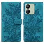 For Redmi 13C Lace Floral Embossed Magnetic Buckle PU Phone Case With Wrist Strap(Green)