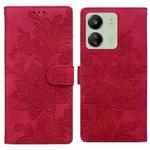 For Redmi 13C Lace Floral Embossed Magnetic Buckle PU Phone Case With Wrist Strap(Red)