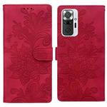 For Redmi Note 10 Pro 4G Lace Floral Embossed Magnetic Buckle PU Phone Case With Wrist Strap(Red)