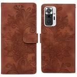 For Redmi Note 10 Pro 4G Lace Floral Embossed Magnetic Buckle PU Phone Case With Wrist Strap(Brown)