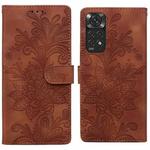 For Redmi Note 11 Global Lace Floral Embossed Magnetic Buckle PU Phone Case With Wrist Strap(Brown)