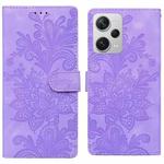 For Redmi Note 12 Pro+ 5G Global Lace Floral Embossed Magnetic Buckle PU Phone Case With Wrist Strap(Purple)