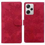 For Redmi Note 12 Pro+ 5G Global Lace Floral Embossed Magnetic Buckle PU Phone Case With Wrist Strap(Red)