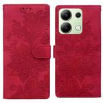 For Redmi Note 13 4G Lace Floral Embossed Magnetic Buckle PU Phone Case With Wrist Strap(Red)