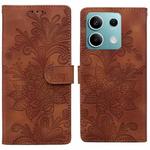 For Redmi Note 13 5G Lace Floral Embossed Magnetic Buckle PU Phone Case With Wrist Strap(Brown)