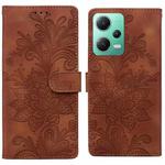 For Redmi Note 12 5G Global Lace Floral Embossed Magnetic Buckle PU Phone Case With Wrist Strap(Brown)