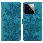 For Xiaomi 14 Lace Floral Embossed Magnetic Buckle PU Phone Case With Wrist Strap(Green)