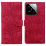 For Xiaomi 14 Lace Floral Embossed Magnetic Buckle PU Phone Case With Wrist Strap(Red)
