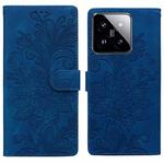 For Xiaomi 14 Lace Floral Embossed Magnetic Buckle PU Phone Case With Wrist Strap(Blue)