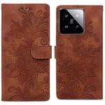 For Xiaomi 14 Lace Floral Embossed Magnetic Buckle PU Phone Case With Wrist Strap(Brown)