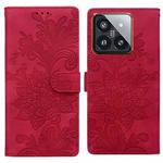 For Xiaomi 14 Pro Lace Floral Embossed Magnetic Buckle PU Phone Case With Wrist Strap(Red)
