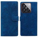 For Xiaomi 14 Pro Lace Floral Embossed Magnetic Buckle PU Phone Case With Wrist Strap(Blue)