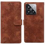 For Xiaomi 14 Pro Lace Floral Embossed Magnetic Buckle PU Phone Case With Wrist Strap(Brown)