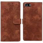 For iPhone 6 Plus / 7 Plus / 8 Plus Lace Floral Embossed Magnetic Buckle PU Phone Case With Wrist Strap(Brown)