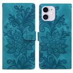 For iPhone 11 Lace Floral Embossed Magnetic Buckle PU Phone Case With Wrist Strap(Green)