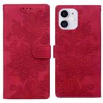For iPhone 11 Lace Floral Embossed Magnetic Buckle PU Phone Case With Wrist Strap(Red)