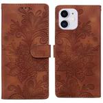For iPhone 11 Lace Floral Embossed Magnetic Buckle PU Phone Case With Wrist Strap(Brown)