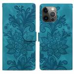 For iPhone 11 Pro Lace Floral Embossed Magnetic Buckle PU Phone Case With Wrist Strap(Green)