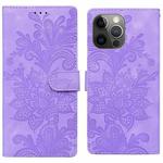 For iPhone 11 Pro Lace Floral Embossed Magnetic Buckle PU Phone Case With Wrist Strap(Purple)