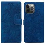 For iPhone 11 Pro Lace Floral Embossed Magnetic Buckle PU Phone Case With Wrist Strap(Blue)