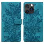 For iPhone 11 Pro Max Lace Floral Embossed Magnetic Buckle PU Phone Case With Wrist Strap(Green)