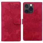 For iPhone 11 Pro Max Lace Floral Embossed Magnetic Buckle PU Phone Case With Wrist Strap(Red)