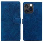 For iPhone 11 Pro Max Lace Floral Embossed Magnetic Buckle PU Phone Case With Wrist Strap(Blue)