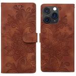 For iPhone 11 Pro Max Lace Floral Embossed Magnetic Buckle PU Phone Case With Wrist Strap(Brown)