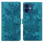 For iPhone 12 Lace Floral Embossed Magnetic Buckle PU Phone Case With Wrist Strap(Green)