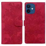 For iPhone 12 Lace Floral Embossed Magnetic Buckle PU Phone Case With Wrist Strap(Red)